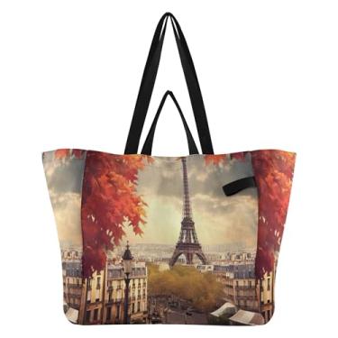 Imagem de SEHANY Sacola de compras reutilizável da Torre Eiffel de Paris com alças reforçadas, bolsa de compras de lona dobrável à prova d'água de grande capacidade para viagem, cozinha, praia