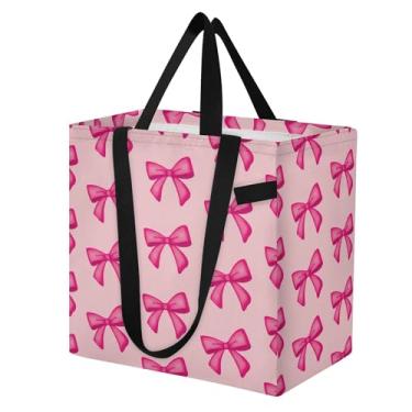 Imagem de SEHANY Sacolas de compras reutilizáveis com laço rosa fofo com alças reforçadas, bolsa de compras de lona dobrável à prova d'água de grande capacidade para viagem, cozinha, praia