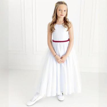 Imagem de Vestido Infantil Longo Branco com Tule e Cinto Vermelho Marsala Daminh