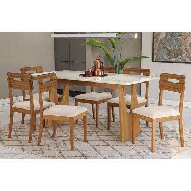 Imagem de Mesa Cozinha Mila Premium Madeira Maciça c/ Tampo Madeirado c/ Vidro 180x90cm e 6 Cadeiras Lila Carvalho/Off White - Linho Bege Argila-Kappesberg