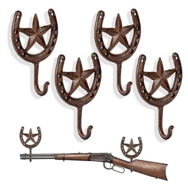 Imagem de Stuffygreenus Suporte rústico para exibição de parede ocidental, 4 peças, suporte de arma de metal, gancho de exibição com design de estrela e ferradura, suporte de parede decorativo vintage para