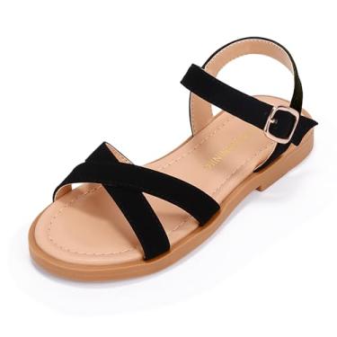 Imagem de PANDANINJIA Elva Sandálias femininas de dedo aberto fofas sandálias rasteiras com tiras cruzadas sapatos de verão para crianças pequenas/crianças grandes, N Elva Nobuck preto, 18