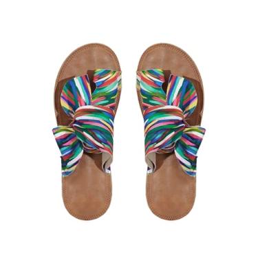 Imagem de OYOANGLE Sandálias femininas coloridas com nó de laço e bico deslizante, confortável, bico aberto, sapatos de praia de verão, Verde, 40