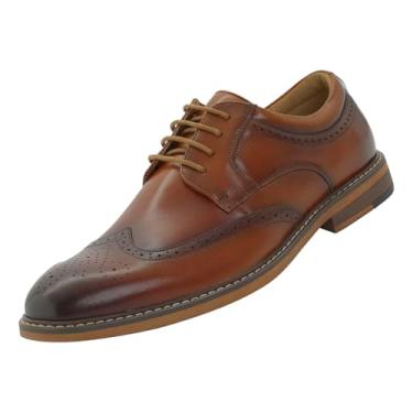 Imagem de Rogers & Morris Sapato social masculino Oxford couro genuíno completo brogue ponta de asa antigo negócios casual cadarço estilo Derbie semi formal, Marrom, 42