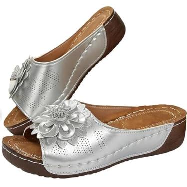 Imagem de RiceelSor Sandálias femininas elegantes de flor ortopédica plataforma casual confortável com bico aberto, com suporte de arco, chinelos de praia boho de verão, Prata, 35