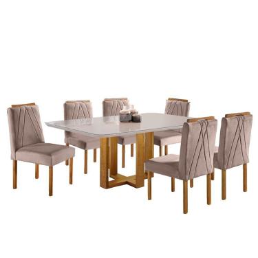 Imagem de Conjunto Sala De Jantar 6 Lugares Mesa Lisy E 6 Cadeiras Safira Veludo Nude - Móveis Mix Mel Off White E Nude