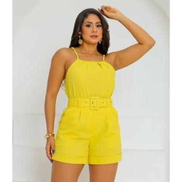 Imagem de Conjunto Feminino Alfaiataria Linho Blusa Regata Short Cinto Amarelo -