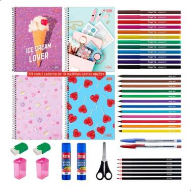 Imagem de Kit Material Escolar 40 Itens Caderno 10 Materias Infantil Juvenil Ens