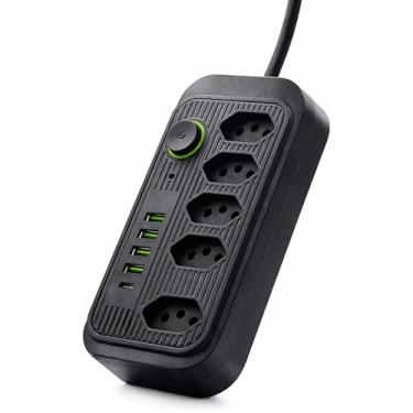 Imagem de Extensão Elétrica, 5 Tomadas + 4 Interfaces USB's + 1 Interface USB-C – Filtro de Linha com USB, Extensão Tomada, Régua Tomada, Régua de Energia, Bivolt 110-220V, Potência de 2500W com Cabo 2m