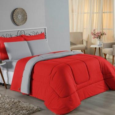 Imagem de Kit Edredom Dupla Face + Jogo De Lençol King Nobre 6 Peças Malha 100% Algodão - Vermelho / Cinza