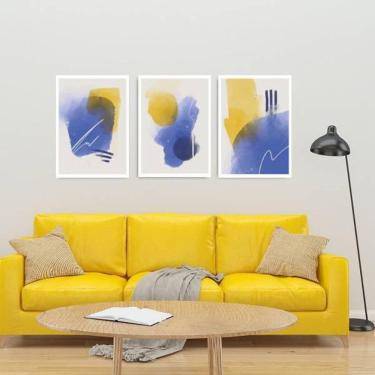 Imagem de Kit 3 Quadros Decorativos Abstrato Azul E Amarelo 34x23cm