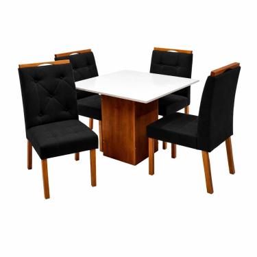 Imagem de Mesa de Jantar Dakota 90x90cm Sem Vidro e 4 Cadeiras Jasmim em Veludo Estofadas Cel Móveis Cor Cinamomo Off White com Tecido Preto