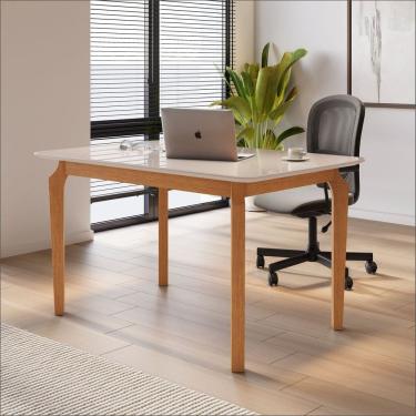 Imagem de Escrivaninha Mesa Escritório 1,20 X 0,80 Pés em Madeira Maciça Tampo com Vidro Alegra Cinamomo/ Off