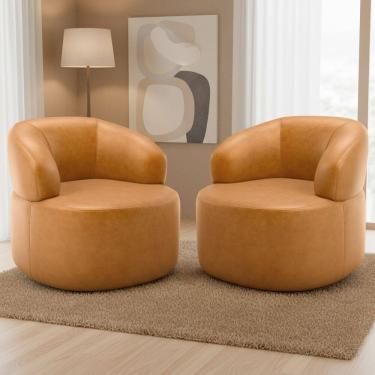 Imagem de Kit 02 Poltronas Giratória Orgânica Para Sala Living Helena L02 Couríssimo Whisky - Lyam Decor