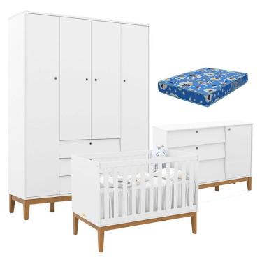 Imagem de Quarto de Bebê Unique 4 Portas 3 Gavetas em MDF 154cm Branco Soft Eco Wood com Colchão...