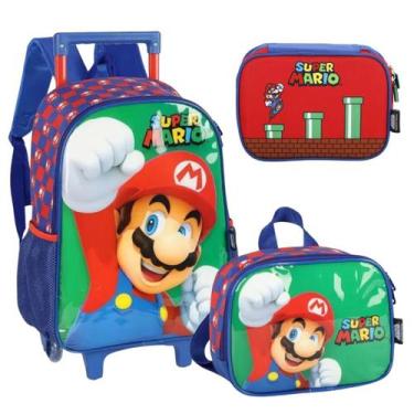 Imagem de Kit Mochila Rodinhas Super Mario Verde Lancheira Estojo Box Escolar In