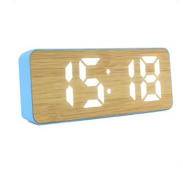 Imagem de Relógio Digital de Mesa Elegante Alarme Imita Madeira - Dexin, Azul