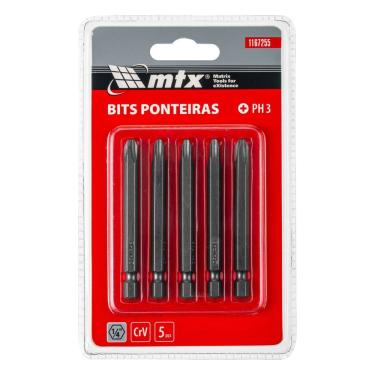 Imagem de Bits Philips PH3 1-4 Pol. 6x75mm Aço Crv 54 HRC Jateado Conjunto 5 Unidades Vermelho MTX