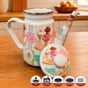 Imagem de Bule Esmaltada Cake Vintage Aquecer Agua Ferro Esmaltado para Todos Fogões Branco Charm