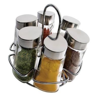 Imagem de Porta Condimentos Euro Home Hexa 6 Peças – Inox/Transparente