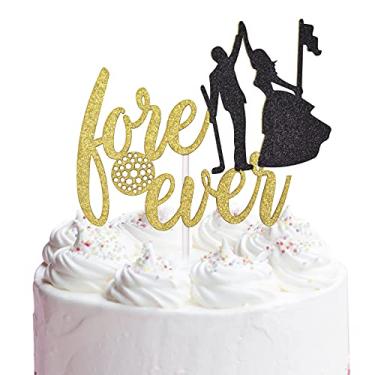 Imagem de Topo de bolo Love Ever para decorações de festa de casamento com tema de golfe, decoração de bolo de casamento de golfe, topo de bolo de noiva e noivo (glitter dourado de dupla face)