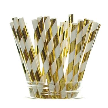 Imagem de Canudos dourados brilhantes (pacote com 25) – Canudos de Natal listrados, Canudos de papel Tinsel para aniversário de 50 anos, artigos de festa de fim de ano, decorações de casamento douradas