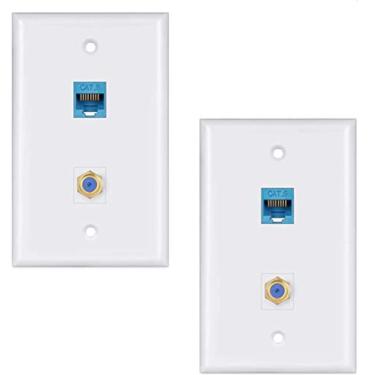 Imagem de Placa de parede coaxial Ethernet, pacote com 2, 1 porta Ethernet Cat6 e 1 placa de parede de porta coaxial tipo F banhado a ouro (branca)