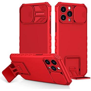 Imagem de CYSUE Capa para iPhone 14 Pro Max, capa fina à prova de choque com suporte e capa de câmera deslizante, capa protetora de telefone de TPU de camada dupla 6,7 polegadas (cor: vermelho)