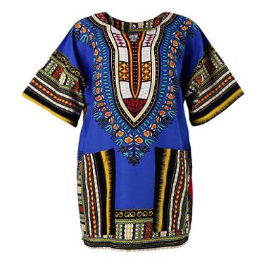 Imagem de kowaku Camiseta hippie unissex de algodão Dashiki com estampa africana bordada, Azul royal, as described