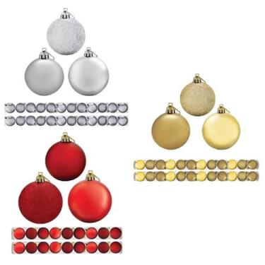 Imagem de Kit 90 Bolas De Natal Mista Fosca Glitter Lisa Vermelha Dourada Prata