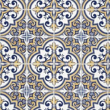 Imagem de Papel De Parede Azulejo Colonial Azul Branco Amarelo - 12M