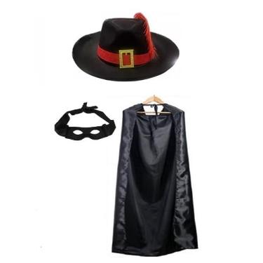 Imagem de Fantasia De Mosqueteiro c/Capa Máscara e Chapéu Cor: Preto