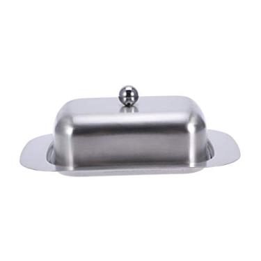 Imagem de Bandeja decorativa Manteiga de aço inoxidável com tampa para bancada ou geladeira, Manteigueira coberta com alça Recipiente de manteiga retangular para bandeja de metal