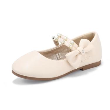 Imagem de PANDANINJIA Sapatos sociais infantis para meninas, com laço de pérolas, sapatilhas, para festa de casamento, escola, comunhão, Poliuretano bege, 11 Little Kid