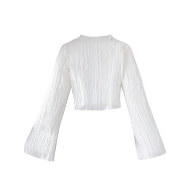 Imagem de Floerns Camiseta cropped feminina de manga comprida com gola redonda, Branco, 14 Anos