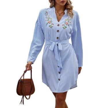 Imagem de Camisa Feminina Striped Print Floral Embroidery Drop Shoulder Belted Dress (Color : Blue, Size : XL)