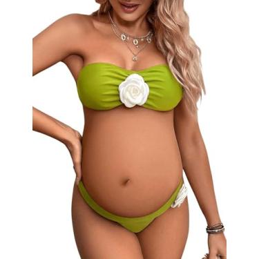 Imagem de BEAUDRM Conjunto de biquíni feminino, 2 peças, conjunto de biquíni para gestantes, 3D, rosa, com laço nas costas, biquíni bandeau, cintura baixa, Verde, M
