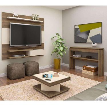 Imagem de conjunto de sala de estar monza com painel para tv até 50 polegadas, mesa de centro e aparador pinho e off white