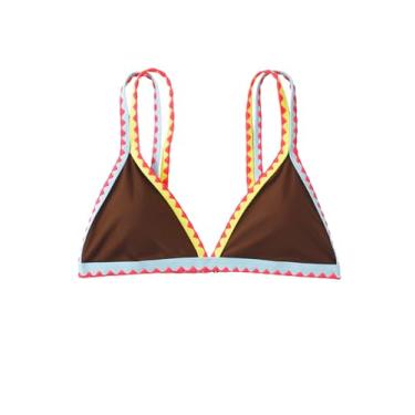 Imagem de SOLY HUX Top de biquíni feminino triangular, alças finas, maiô sexy apenas, Bloco de cores marrom, G