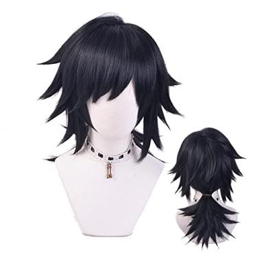 Imagem de SUNXXCOS Fibra de alta temperatura para homens e mulheres para festa masculina Halloween Kimetsu no Yaiba perucas curtas cosplay sintéticas (Tomioka Giyuu)