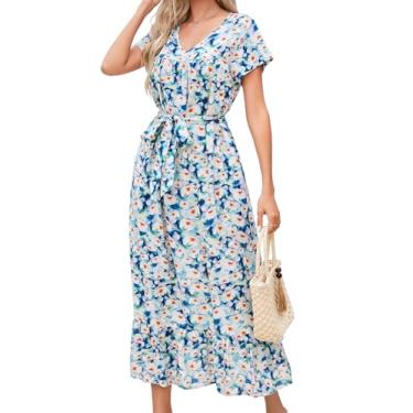 Imagem de Vestidos de verão casuais para mulheres com gola V maxi vestido feminino manga curta vestidos de praia para mulheres vestidos mujer, Flores coloridas de brocado branco (a16), XXG