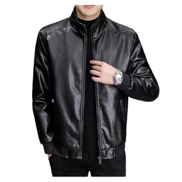 Imagem de Jaqueta masculina de lã slim fit gola alta jaqueta de couro mantém o calor estilo curto casaco de inverno, Preto, 3G