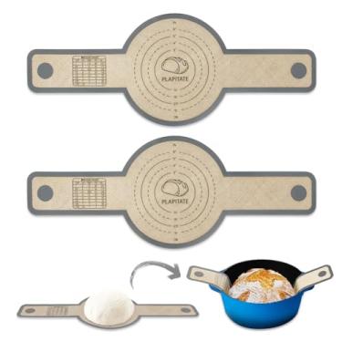 Imagem de PLAPITATE Alça de silicone para forros de forno holandês, antiaderente, 2 peças, tapete de silicone reutilizável fácil de limpar com alças longas, fácil de transferir pão de fermento, redondo