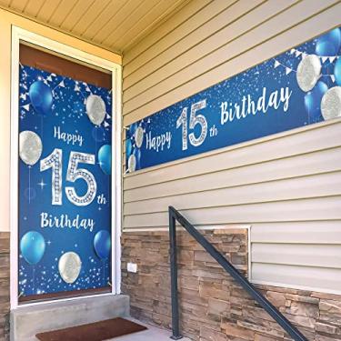 Imagem de Feliz aniversário de 15 anos capa de porta varanda banner conjunto de sinal - decorações de aniversário de 15 anos suprimentos de festa para homens - azul