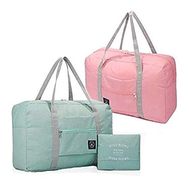 Imagem de Bolsa de viagem dobrável à prova d'água, bolsa de viagem feminina, feminina, masculina, bolsa de lona para o fim de semana, bolsa de mão de viagem com alça de carrinho (listras azul e vermelha), Rosa