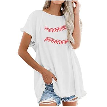 Imagem de Duobla Camiseta feminina com estampa de beisebol com letras plus size de beisebol tamanho grande de verão camiseta casual de manga curta, A-4-branco, M