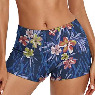 Imagem de Short feminino de cintura alta com estampa floral, tanquíni havaiano, calcinha de biquíni com controle de barriga, Azul marino, M