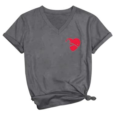 Imagem de Camiseta feminina de beisebol com estampa de coração, gola redonda, caimento solto, manga curta, casual, túnica, B - cinza, P