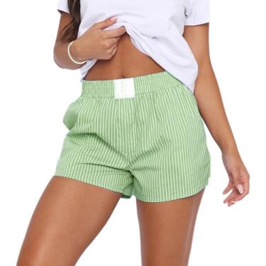 Imagem de Short feminino xadrez listrado cintura elástica pijama shorts fofo guingão pijama Y2k pijama micro shorts, Verde listrado, P