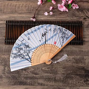 Imagem de YQHWLKJ Ventilador dobrável estilo chinês vintage, ventiladores de mão de pano de bambu, decoração de casa, presentes de casamento, festa de dança, ventiladores portáteis